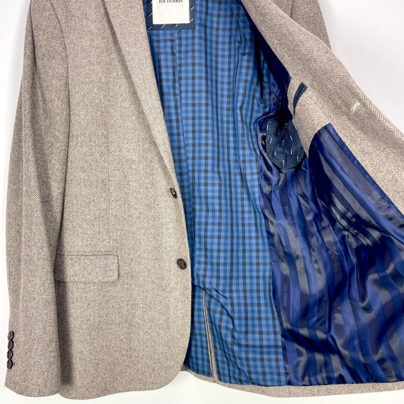 Ben Sherman Brown Herringbone Wool Blend Blazer Suit Jacket Sport Coat Mens XL - Picture 6 of 16